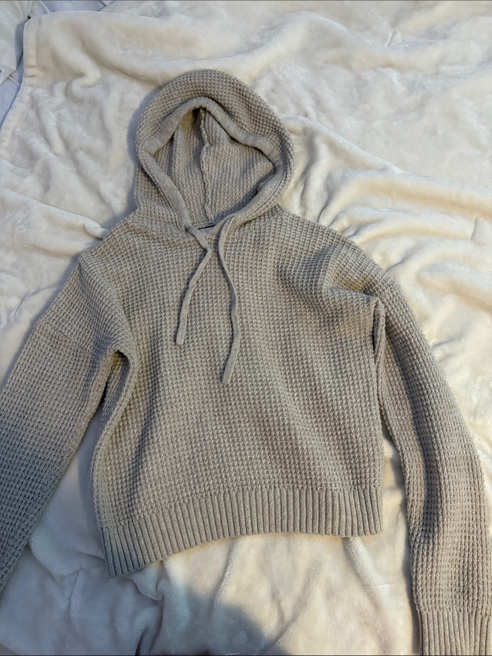 Waffle-Knit Hooded Sweater in Light Taupe